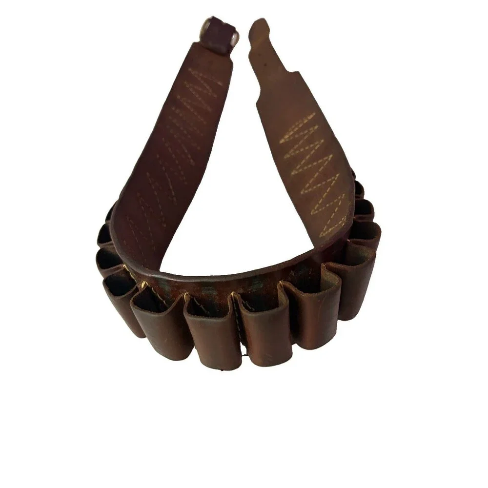 Handmade Brown Leather Rifle Cartridge Belt Bandolier 20 Loop Brass Buckle